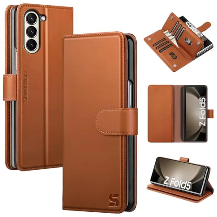 Shieldtop Compatible with Samsung Galaxy Z Fold 5 Wallet Case with Card Holder,Women Man Phone Case RFID Blocking PU Leather Flip Protective Cover Credit Card Holder Slots Kickstand,Light Brown by Shieldtop - Used - Like New condition