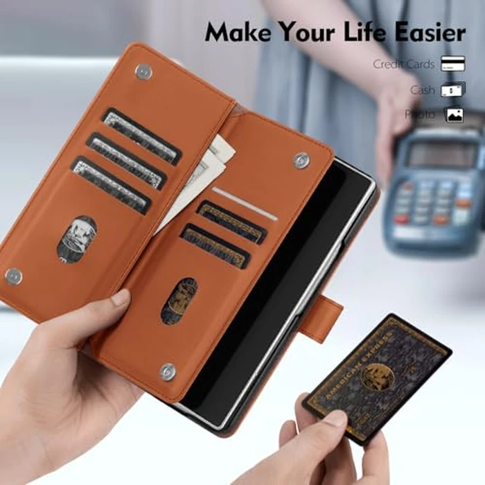 Shieldtop Compatible with Samsung Galaxy Z Fold 5 Wallet Case with Card Holder,Women Man Phone Case RFID Blocking PU Leather Flip Protective Cover Credit Card Holder Slots Kickstand,Light Brown by Shieldtop - Image 5