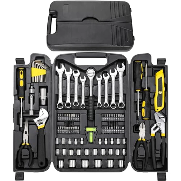 TLGREEN 95 Piece Tool Set, Tool Kit, Mechanics Tool Set, Portable Toolbox with Adjustable Wrench Pliers Socket Bits, with Plastic Toolbox Storage Case, for House Apartment Garage (Yellow) by TLGREEN - Image 1