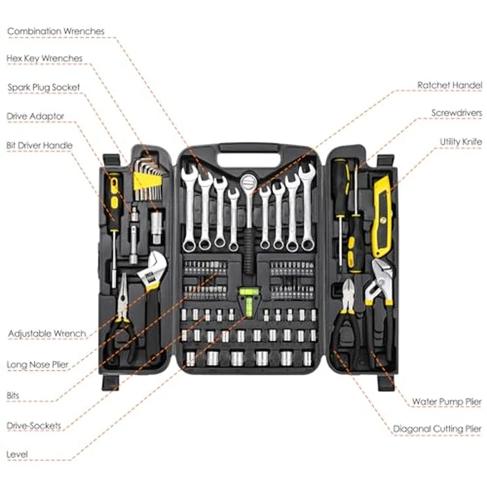 TLGREEN 95 Piece Tool Set, Tool Kit, Mechanics Tool Set, Portable Toolbox with Adjustable Wrench Pliers Socket Bits, with Plastic Toolbox Storage Case, for House Apartment Garage (Yellow) by TLGREEN - Image 2