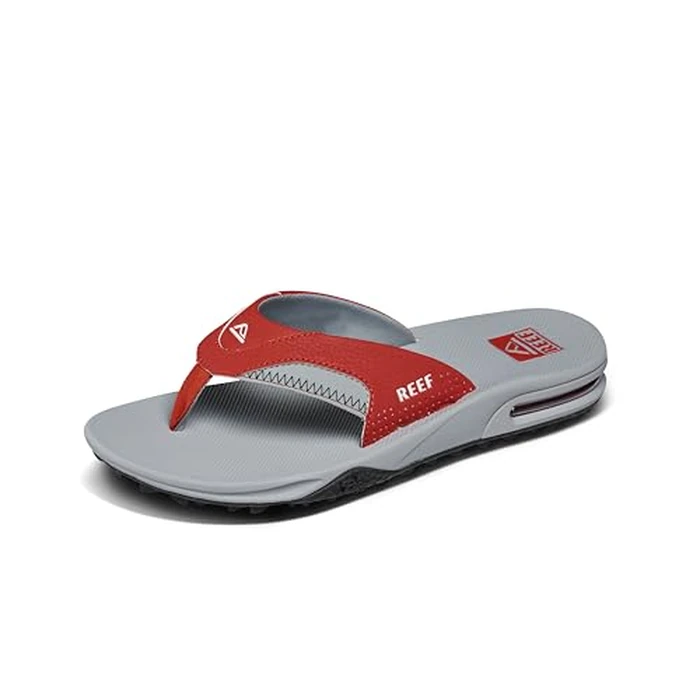 REEF Fanning Pregame Men's Bottle Opener Flip Flop, Arch Support, Durable Outsole, Water Friendly, Red/Grey, 11 by REEF - Used - Very Good condition