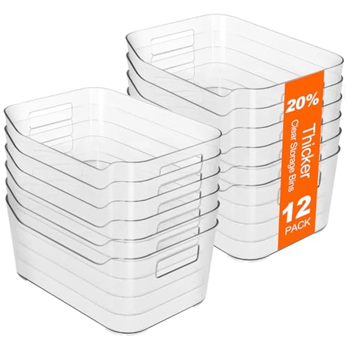 Hudgan 12 Pack Pantry Storage Bins for Kitchen Cabinet, Clear Plastic Organizer Bins for Bathroom, Pantry Organizer Containers for Home Edit, Drawer, Under Sink, Fridge and Closet by Hudgan - Used - Like New condition - US$25.79