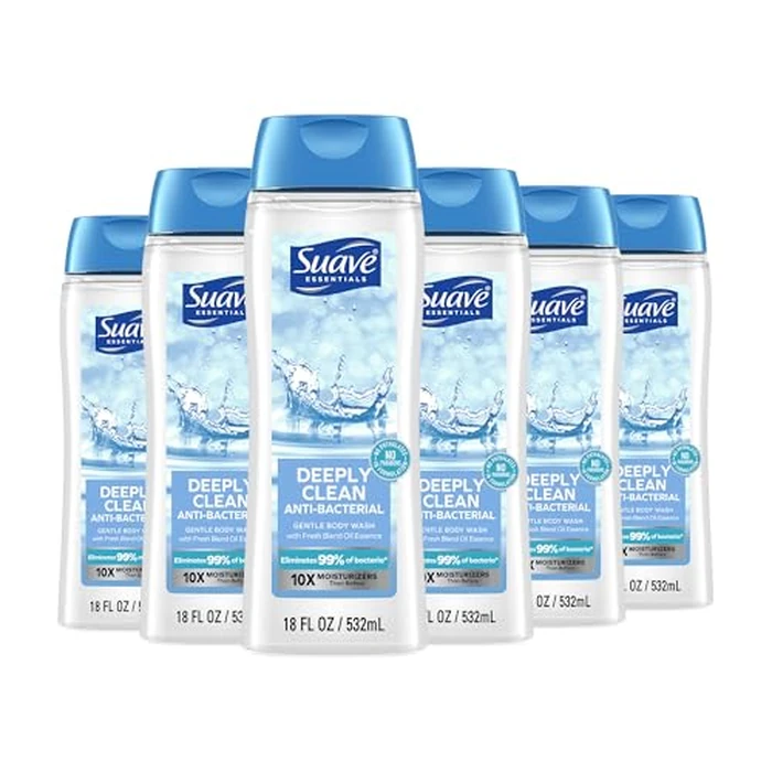 Suave Deeply Clean Antibacterial Body Wash with Glycerin & Vitamin E, Moisturizing Skin Cleanser For Soft, Smooth Skin, Long Lasting Scent, Paraben Free, 18 FL OZ, 6 Count by Suave - Image 1