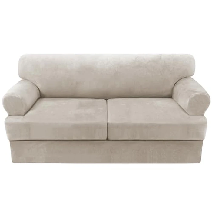 H.VERSAILTEX Sofa Cover 3 Piece T Cushion Loveseat Slipcovers Thick Velvet Couch Cover Stretch T Cushion Sofa Covers for 2 Cushion Couch with 2 Individual T Cushion Covers Washable, Oatmeal by H.VERSAILTEX - Used - Like New condition