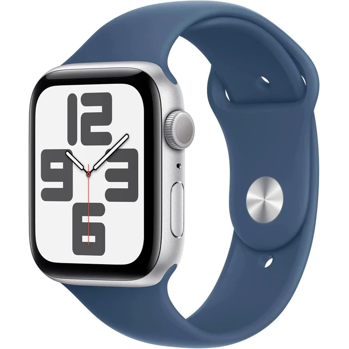 Apple Watch SE 2nd Gen (2022) (Cellular + GPS) - 32GB - 44mm - Silver Aluminum Case with Denim Rubber Sport Band - Medium/Large Size by Apple - Image 1