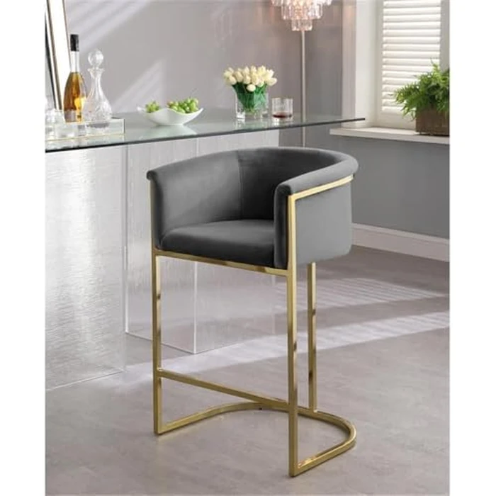 Meridian Furniture Donatella Collection Modern | Contemporary Velvet Upholstered Counter Height Stool with Durable Steel Base in Gold Finish, Grey, 23.5" W x 20" D x 36" H by Meridian Furniture - Image 3