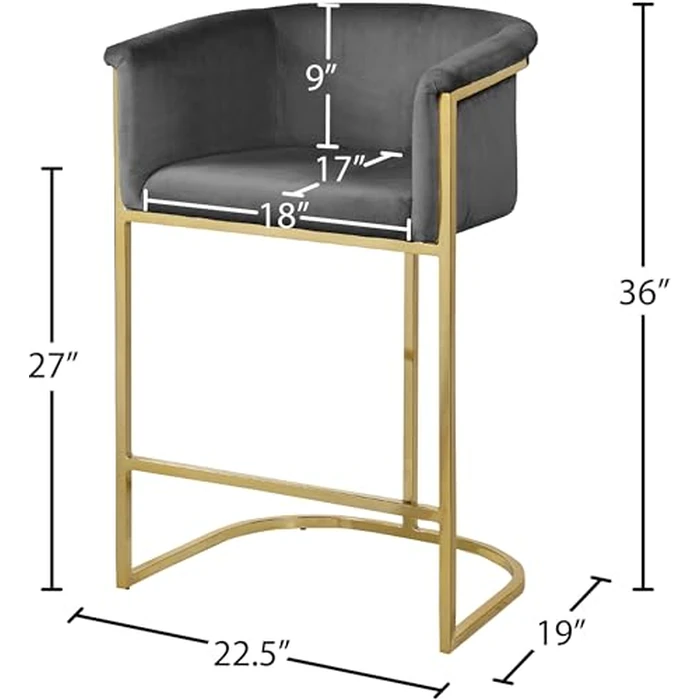 Meridian Furniture Donatella Collection Modern | Contemporary Velvet Upholstered Counter Height Stool with Durable Steel Base in Gold Finish, Grey, 23.5" W x 20" D x 36" H by Meridian Furniture - Image 5