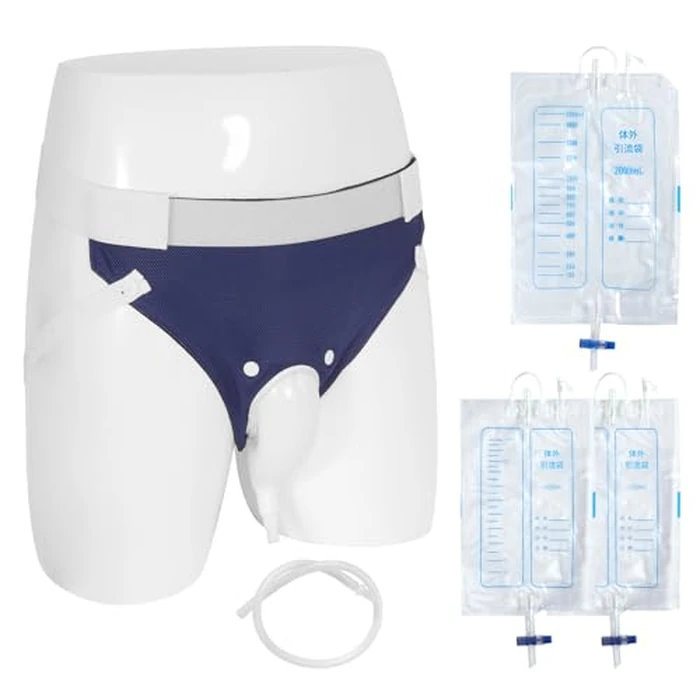 Wearable Urine Collector Set with Breathable Fixed Pants, 1.2M Catheter, Urinary Drainage Bags (1000ml*2, 2000ml) for Day and Night Use, Silicone Urine Collection Pouch, Navy Blue by GRLEAYIE - Used - Like New condition