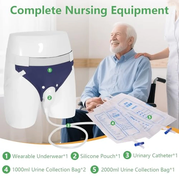 Wearable Urine Collector Set with Breathable Fixed Pants, 1.2M Catheter, Urinary Drainage Bags (1000ml*2, 2000ml) for Day and Night Use, Silicone Urine Collection Pouch, Navy Blue by GRLEAYIE - Image 2
