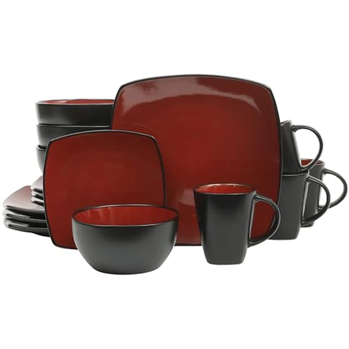 Gibson Elite Soho Lounge Square 16-Piece Dinnerware Set, Service for 4, Reactive Glaze Stoneware Plates and Bowls, Modern Dishes, Microwave & Dishwasher Safe - Red and Black by Gibson Elite - Used - Acceptable condition - US$44.23
