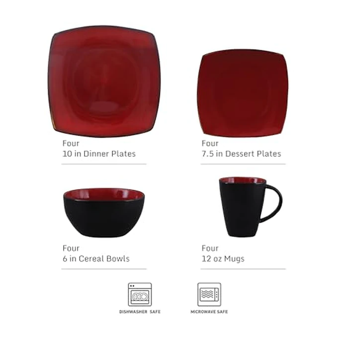 Gibson Elite Soho Lounge Square 16-Piece Dinnerware Set, Service for 4, Reactive Glaze Stoneware Plates and Bowls, Modern Dishes, Microwave & Dishwasher Safe - Red and Black by Gibson Elite - Image 2