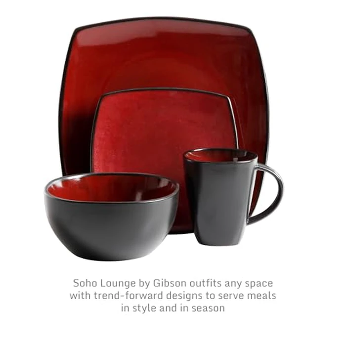 Gibson Elite Soho Lounge Square 16-Piece Dinnerware Set, Service for 4, Reactive Glaze Stoneware Plates and Bowls, Modern Dishes, Microwave & Dishwasher Safe - Red and Black by Gibson Elite - Image 3