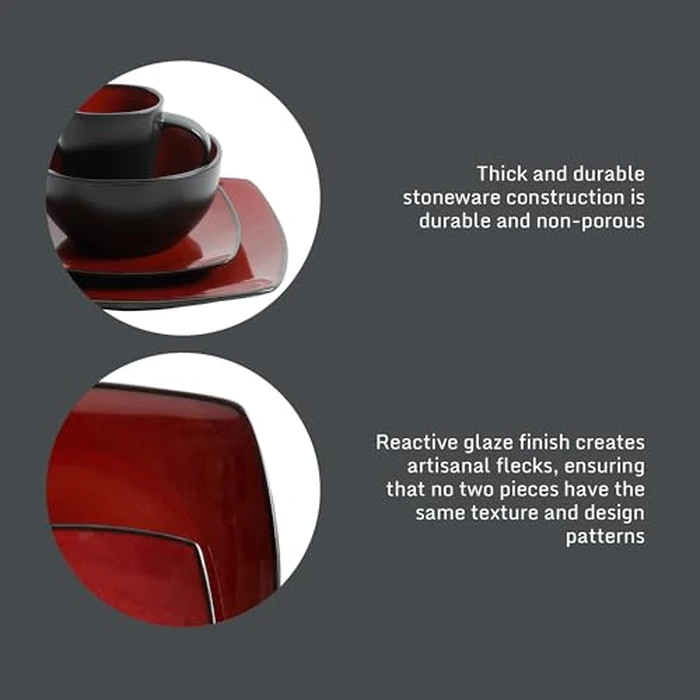 Gibson Elite Soho Lounge Square 16-Piece Dinnerware Set, Service for 4, Reactive Glaze Stoneware Plates and Bowls, Modern Dishes, Microwave & Dishwasher Safe - Red and Black by Gibson Elite - Image 4