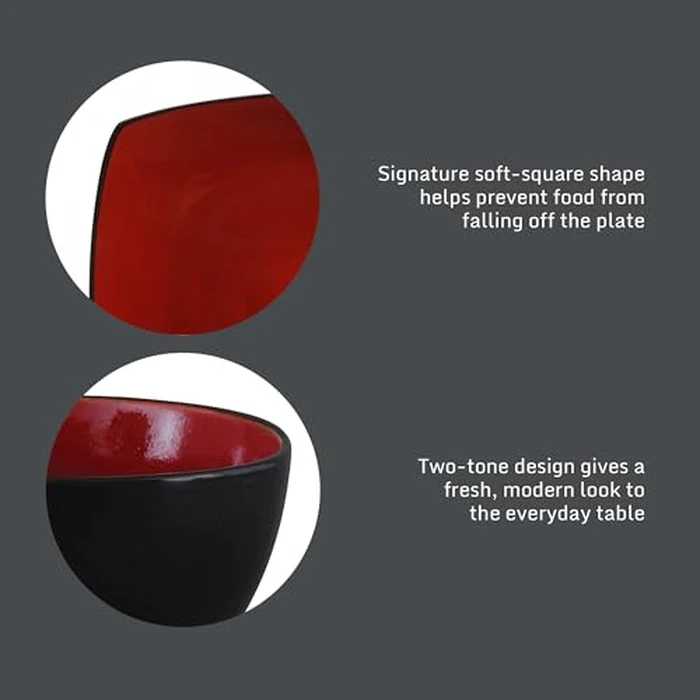Gibson Elite Soho Lounge Square 16-Piece Dinnerware Set, Service for 4, Reactive Glaze Stoneware Plates and Bowls, Modern Dishes, Microwave & Dishwasher Safe - Red and Black by Gibson Elite - Image 5