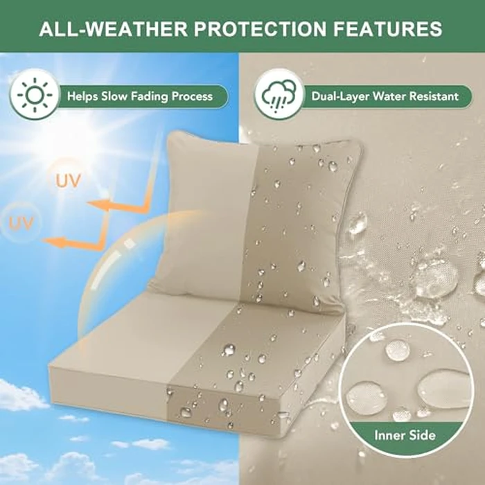 Summsun Outdoor Chair Cushions Set of 4, Waterproof Backrest and Deep Seat Cushion Set for Patio Furniture, Outdoor Sofa Replacement Cushions with Removable Cover, 24 x 24 Inch, Cream by Summsun - Image 3