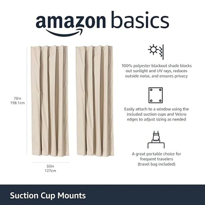 Amazon Basics Portable Blackout Curtain Shade with Suction Cups, Energy Saving, 50"W x 78"L, Beige, 2-Pack by Amazon Basics - Image 2