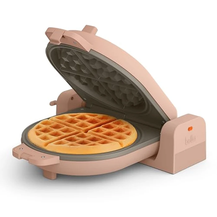 bella Flip-n-Store Waffle Maker with EverGood(TM) Ceramic Nonstick Coating, Fits-anywhere(TM) Kitchenware, Power Indicator Light, Cool Touch Handle & Cord Wrap, 7” Wide & 1" Deep Plates, 1000 Watt, Blossom by BELLA - Used - Very Good condition - US$19.94