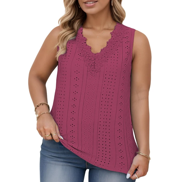 Womens Plus Size Tops Summer Floral Lace Trim V Neck Trendy Sleeveless Eyelet Wine Red T Shirts 2XL by VISLILY - Image 2