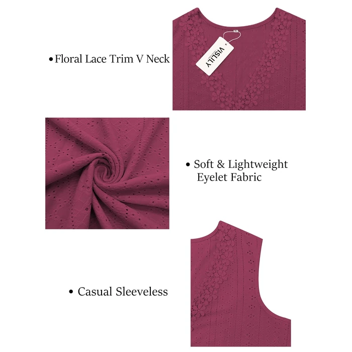 Womens Plus Size Tops Summer Floral Lace Trim V Neck Trendy Sleeveless Eyelet Wine Red T Shirts 2XL by VISLILY - Image 4
