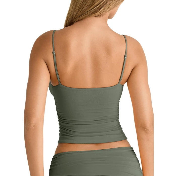 PINKMSTYLE Women's Sexy Deep V-Neck Ruched Crop Tank Top Slim Fit Spaghetti Straps Crop Top Gray Green Large by PINKMSTYLE - Image 6