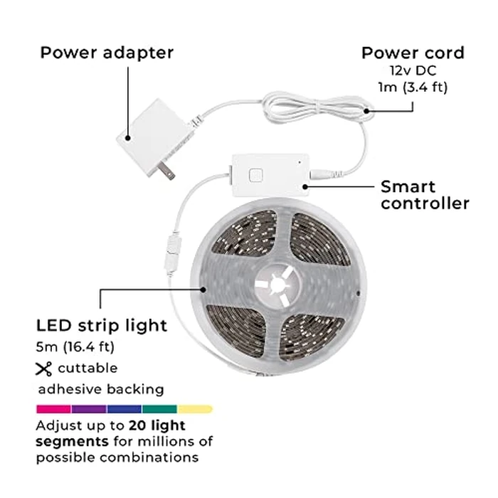 Globe Electric 50502 Wi-Fi Smart Multicolor Changing RGB LED Music Sync Plug-in Strip Light, No Hub Required, Voice Activated, 5 Meters/16.4 Feet, IP65 Rated, 3000 Kelvin, Smart Home Automation by Globe Electric - Image 7