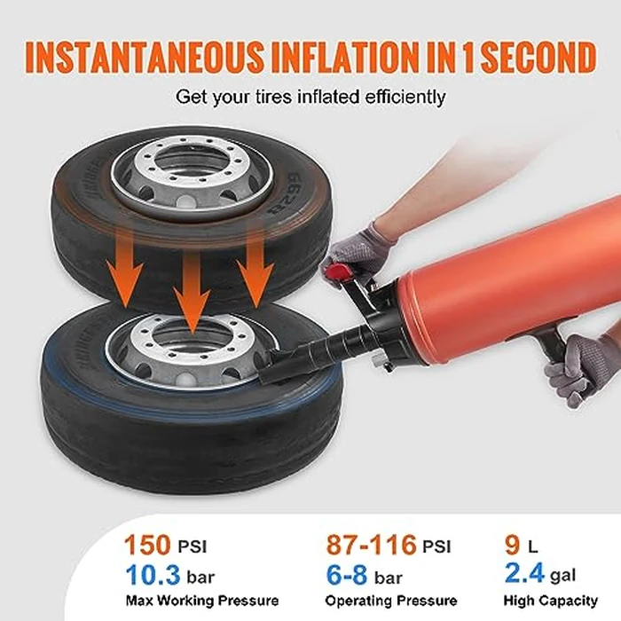 VEVOR Tire Seater, 2.4 Gal/9 L Air Tire Blaster, 150 PSI Handheld Portable Tire Inflator Tool, 87-116 PSI Operating Pressure for Tractor Truck ATV Car and Automobile Repair by VEVOR - Image 3