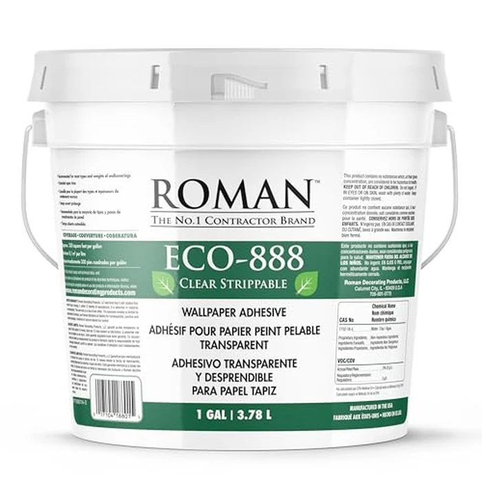 ROMAN’s ECO-888 Clear, Strippable, Wallpaper Adhesive, Easy Installation Glue/Paste, Clear, Zero VOC, Home Improvement (1 Gallon - 330 sq. ft.) by Roman - Used - Good condition - CA$37.34
