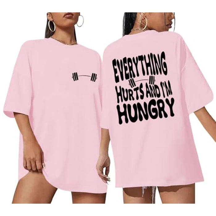 Lytiarul Funny Workout Gym Shirts Women Oversized Weightlifting Graphic Tshirt Everything Hurts and I'm Hungry Tee Tops(Pink,L) by Lytiarul - Used - Like New condition - US$13.77