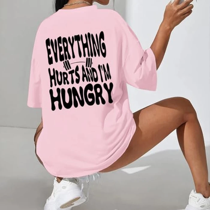 Lytiarul Funny Workout Gym Shirts Women Oversized Weightlifting Graphic Tshirt Everything Hurts and I'm Hungry Tee Tops(Pink,L) by Lytiarul - Image 3