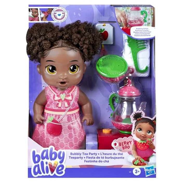 Baby Alive Bubbly Tea Party Berry Boo Doll with Teapot Accessories, Black Hair, 11 Inches, Toys for 3 Year Old Girls and Boys & Up by Baby Alive - Image 2