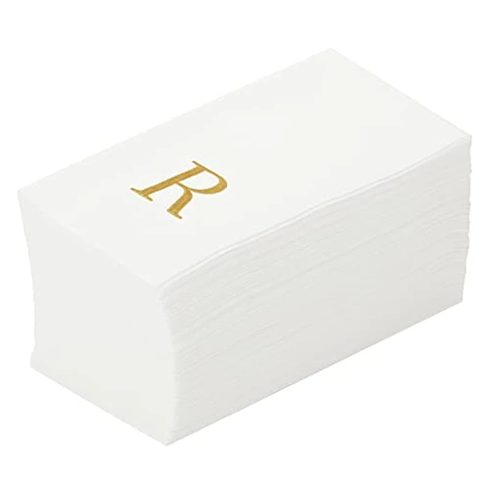 Restaurantware Paper Napkins Pack of 50 Gold Letter R Linen-Feel Disposable Guest Towels 15.75 x 7.87 Inches, Elegant Airlaid Gold Printed Design White Napkins with Monogram for Events by Restaurantware - Image 1
