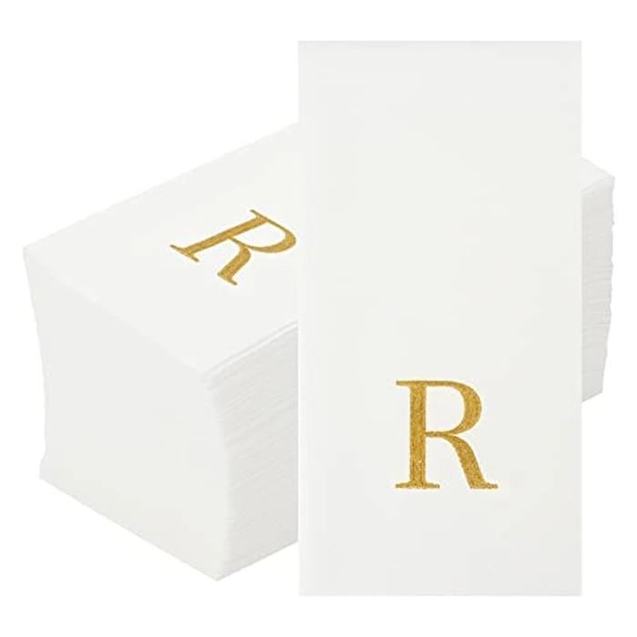 Restaurantware Paper Napkins Pack of 50 Gold Letter R Linen-Feel Disposable Guest Towels 15.75 x 7.87 Inches, Elegant Airlaid Gold Printed Design White Napkins with Monogram for Events by Restaurantware - Image 2