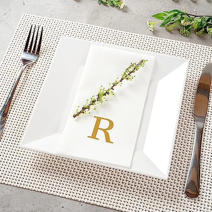 Restaurantware Paper Napkins Pack of 50 Gold Letter R Linen-Feel Disposable Guest Towels 15.75 x 7.87 Inches, Elegant Airlaid Gold Printed Design White Napkins with Monogram for Events by Restaurantware - Image 3