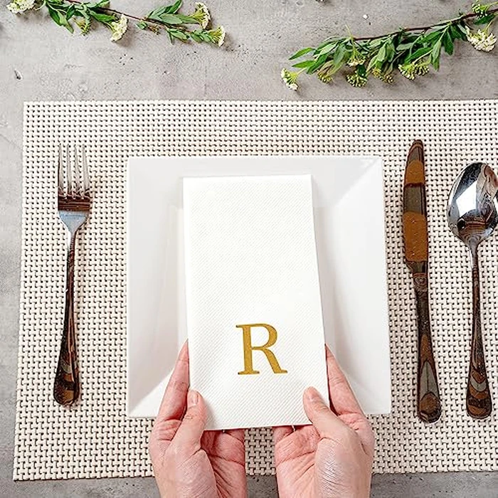 Restaurantware Paper Napkins Pack of 50 Gold Letter R Linen-Feel Disposable Guest Towels 15.75 x 7.87 Inches, Elegant Airlaid Gold Printed Design White Napkins with Monogram for Events by Restaurantware - Image 5
