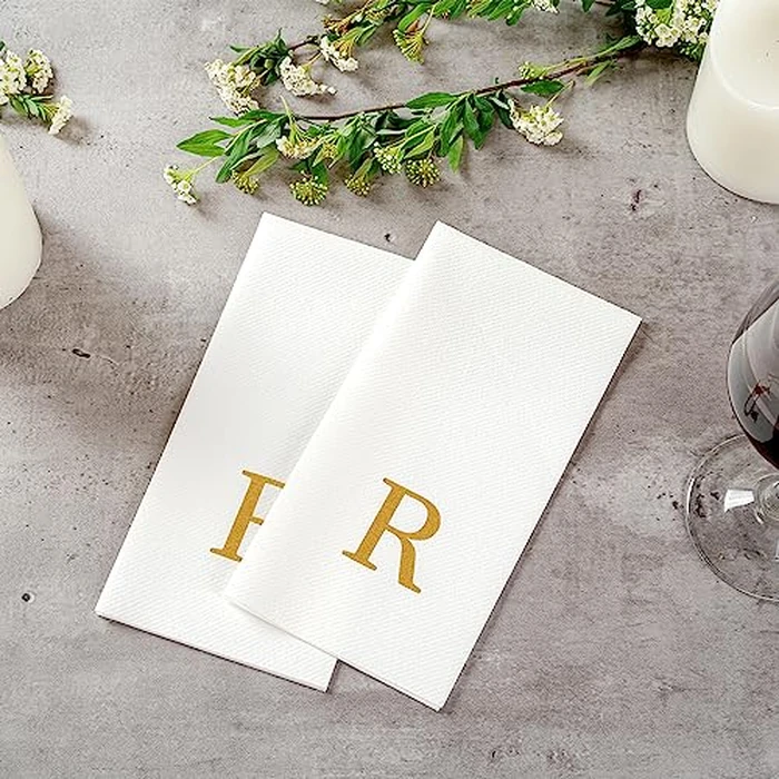 Restaurantware Paper Napkins Pack of 50 Gold Letter R Linen-Feel Disposable Guest Towels 15.75 x 7.87 Inches, Elegant Airlaid Gold Printed Design White Napkins with Monogram for Events by Restaurantware - Image 6
