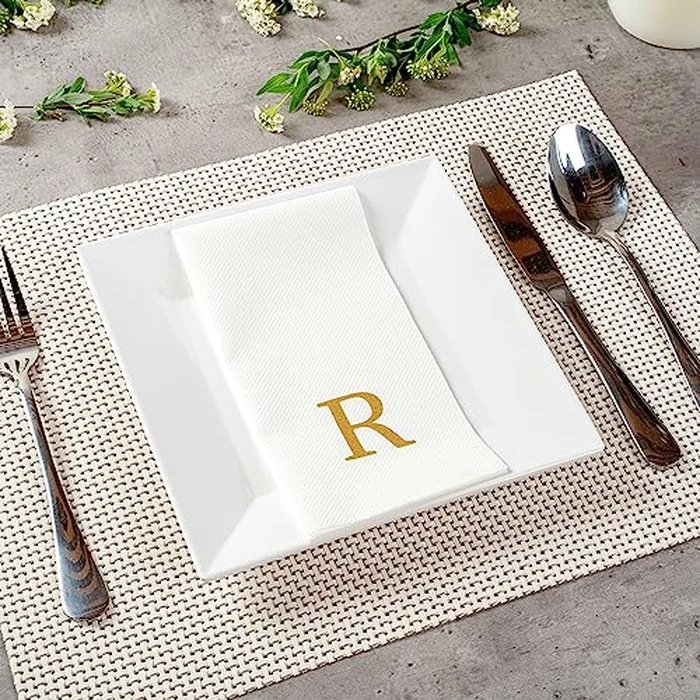 Restaurantware Paper Napkins Pack of 50 Gold Letter R Linen-Feel Disposable Guest Towels 15.75 x 7.87 Inches, Elegant Airlaid Gold Printed Design White Napkins with Monogram for Events by Restaurantware - Image 7