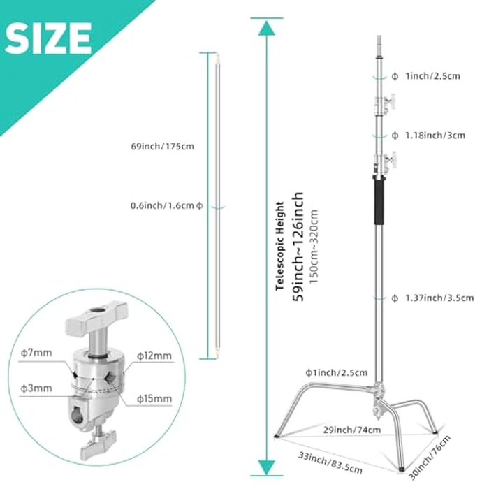Heavy Duty C Stand 10.8ft/330cm with Boom Arm Sandbag Grips, 100% Stainless Steel Photography Light Stand Studio Monolight, Softbox, Reflector (Max Loading 44 Pounds by Lapgood - Image 5