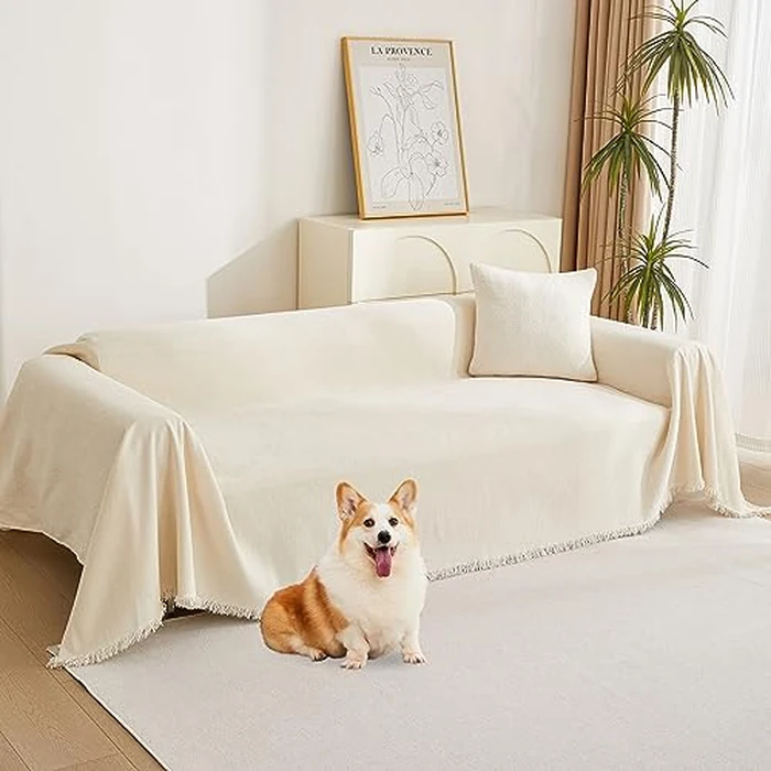 MYSKY HOME Couch Cover for Pets, Beige Couch Covers for 2 Cushion Couch Sofa, Sofa Slipcover Sectional L Shape Chenille Covers for Pets, Throw Couch for Dogs, Kids,71" X118" by MYSKY HOME - Used - Like New condition
