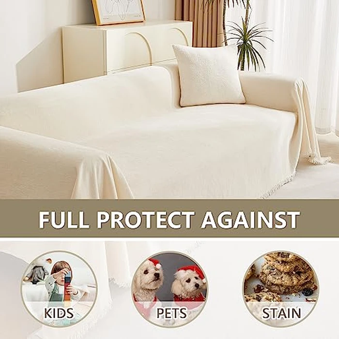 MYSKY HOME Couch Cover for Pets, Beige Couch Covers for 2 Cushion Couch Sofa, Sofa Slipcover Sectional L Shape Chenille Covers for Pets, Throw Couch for Dogs, Kids,71" X118" by MYSKY HOME - Image 4