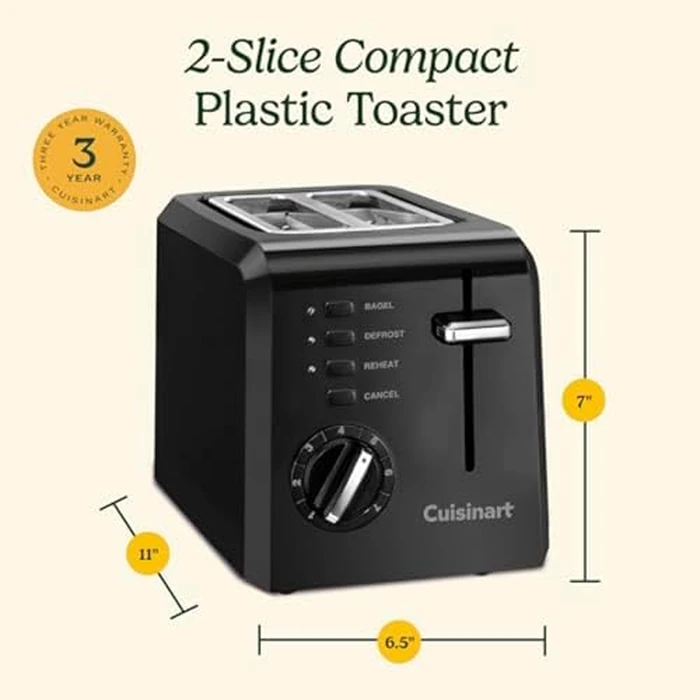 Cuisinart CPT-122BK 2-Slice Compact Plastic Toaster, Slots for Bagels & Bread, 7 Shade Settings, Cancel/Defrost/Reheat Functions, Removable Crumb Tray, Small Kitchen Appliance for Home & Office, Black by Cuisinart - Image 6