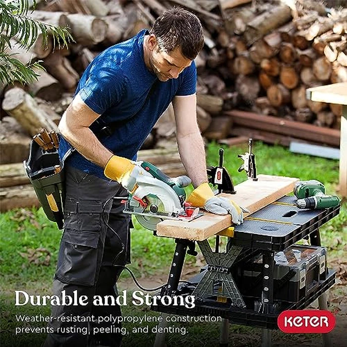 Keter Heavy-Duty Folding Workbench with 1,000 Pound Capacity - Foldable Work Table for Garage, Woodworking, and Outdoor Workshop with 12 Inch Adjustable Clamps by Keter - Image 5