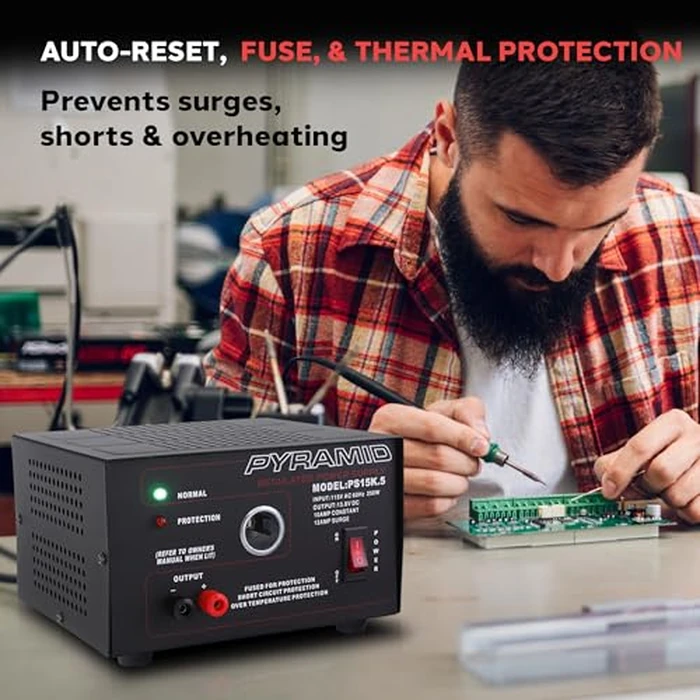 Pyramid Universal Compact Bench Power Supply - 10 Amp Linear Regulated Home Lab Benchtop AC-to-DC Converter w/ 13.8 Volt DC 115V AC 250W Input, Screw Type Terminal, 12V Car Cigarette Lighter-PS15K.5 by Pyle - Image 5