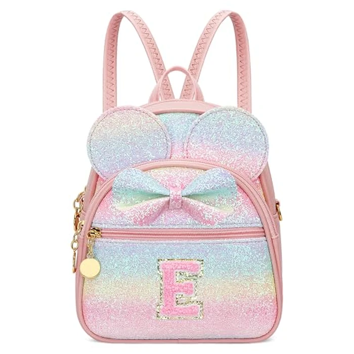 KKXIU Initial Bowknot Mini Backpacks for Girls Women, Small Cute Backpack Purse, Personalized Birthday Gifts for Toddler, Kids and Teen Girls(E, Rainbow) by KKXIU - Image 1