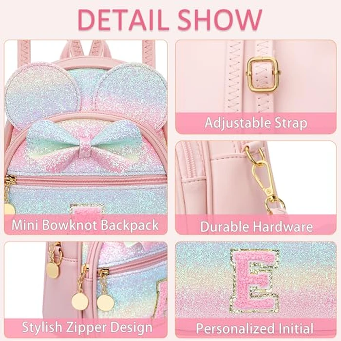 KKXIU Initial Bowknot Mini Backpacks for Girls Women, Small Cute Backpack Purse, Personalized Birthday Gifts for Toddler, Kids and Teen Girls(E, Rainbow) by KKXIU - Image 4