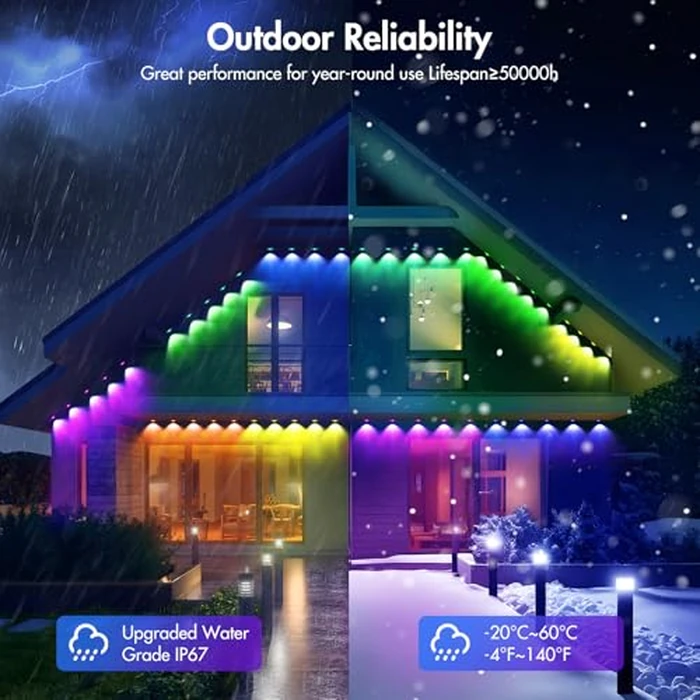 HELESIN Permanent Outdoor Lights,150ft 90 LED Smart RGBIC Lights Eave Lights IP67 Waterproof Outdoor LED Strip Lights 16 Million DIY Modes, Music Sync with Remote APP Control for Christmas, Halloween by HELESIN - Image 3