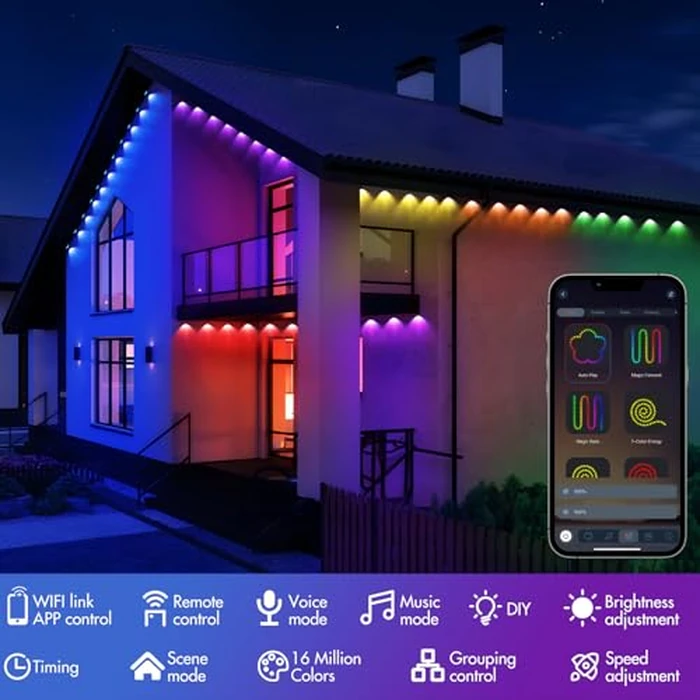 HELESIN Permanent Outdoor Lights,150ft 90 LED Smart RGBIC Lights Eave Lights IP67 Waterproof Outdoor LED Strip Lights 16 Million DIY Modes, Music Sync with Remote APP Control for Christmas, Halloween by HELESIN - Image 4