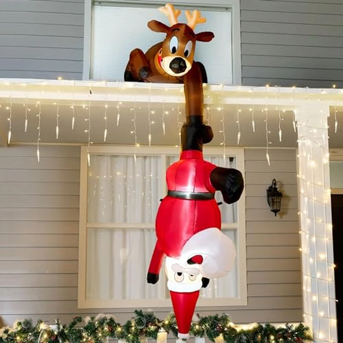 Joiedomi 8 FT Hanging Christmas Inflatables Decoration, Christmas Inflatable Reindeer and Climbing Santa, Blow Up Santa with Build-in LED for Xmas Party Indoor, Outdoor, Yard, Garden, Lawn Decor by Joiedomi - Used - Good condition - CA$22.11
