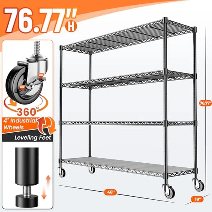 RackBro 48" W Storage Shelves 1500LBS Metal Shelving Unit with Wheels, Adjustable Garage Shelving Heavy Duty Wire Rack with Liners for Pantry Warehouse Commercial Office, 48" W x 18" D x 76.77" H by RackBro - Image 3