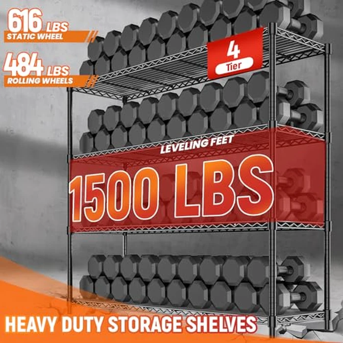 RackBro 48" W Storage Shelves 1500LBS Metal Shelving Unit with Wheels, Adjustable Garage Shelving Heavy Duty Wire Rack with Liners for Pantry Warehouse Commercial Office, 48" W x 18" D x 76.77" H by RackBro - Image 5