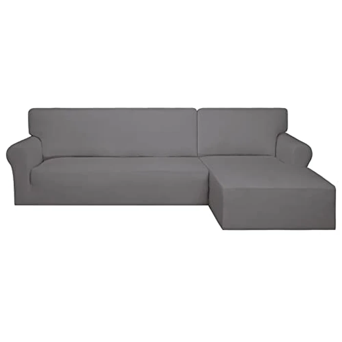 PureFit Super Stretch Sectional Couch Covers - 2 pcs Spandex Non Slip Sofa Covers with Elastic Bottom for L Shape Sectional Sofa Couch, Great for Kids & Pets (3 Seat Sofa + 2 Seat Chaise, Light Gray) by PureFit - Image 1